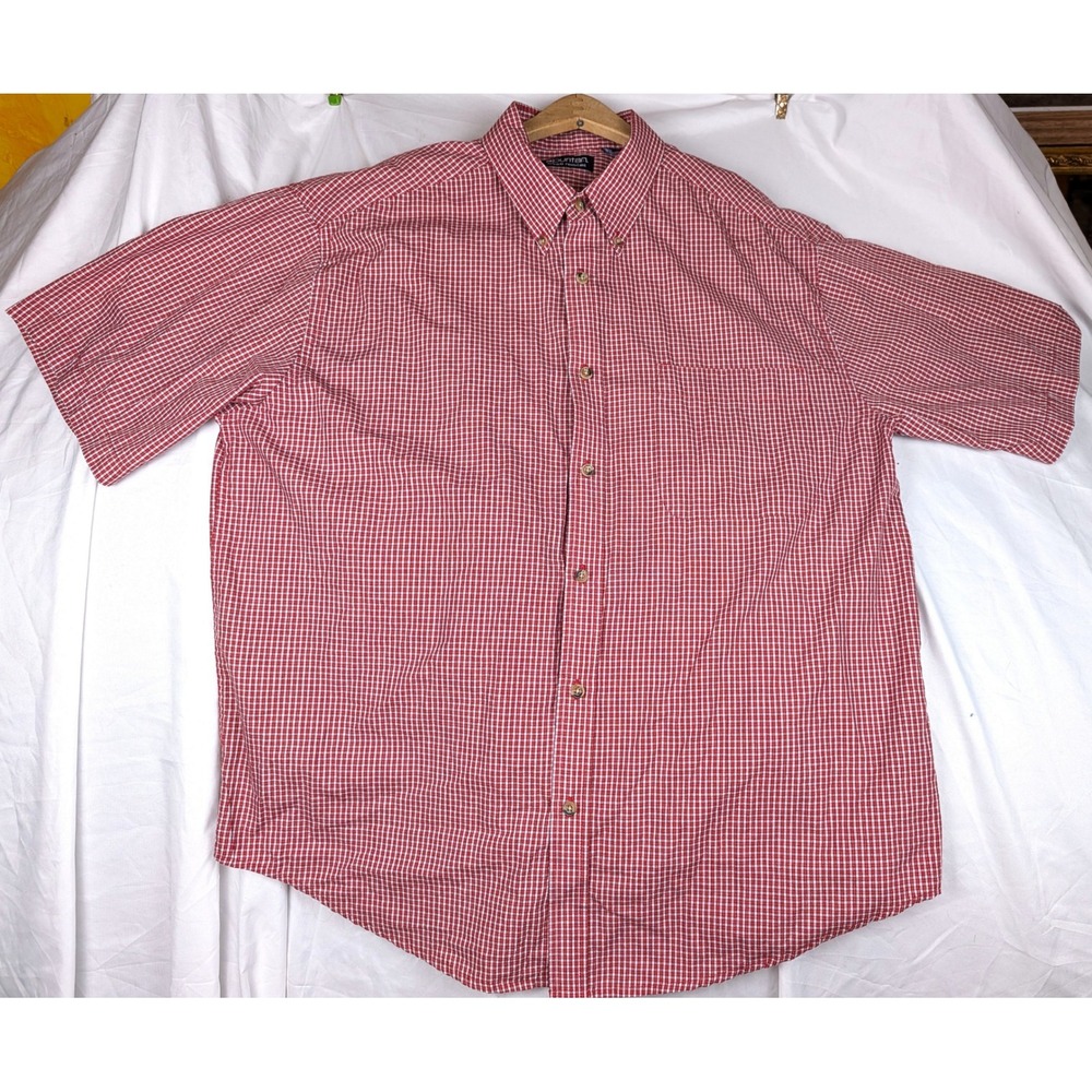 Puritan Mens Red White Gingham Short Sleeve Button Down Shirt Wrinkle Resistant